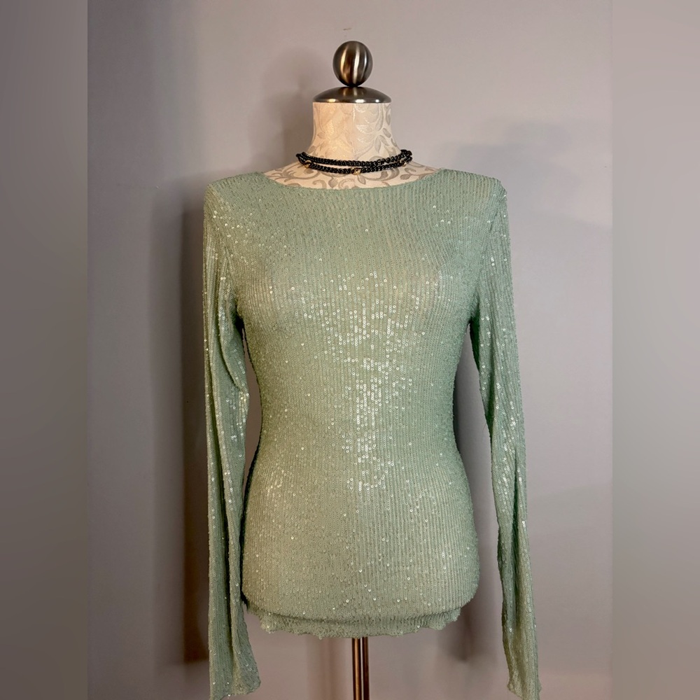 🆕 Free People Green/Mint sequin Long-sleeve Top Size Large.    #45